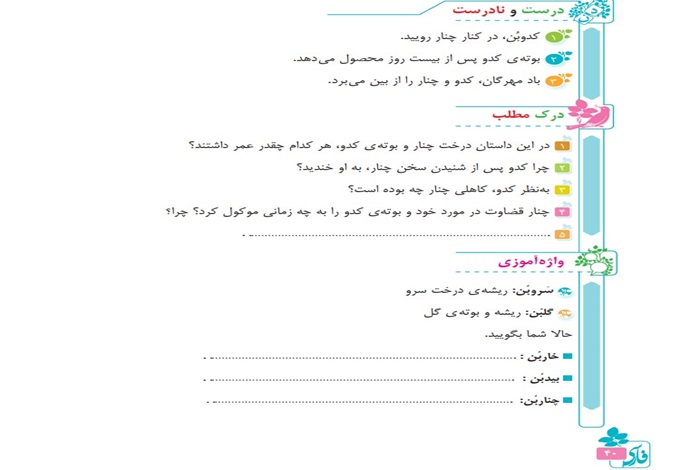 جواب سوالات درک مطلب و درست و نادرست درس پنجم فارسی پنجم