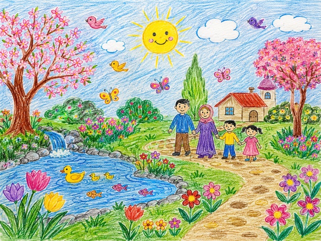 باغ همیشه بهار را به کمک اعضای خانواده، نقاشی کن.
