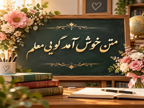 عکس نوشته متن خوش آمد گویی به معلم برای استقبال در مدرسه و گروه کلاس