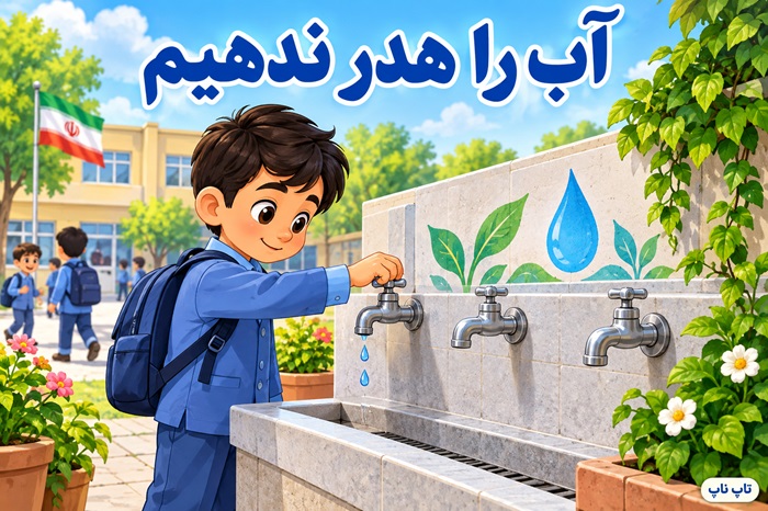 پوستری با موضوع هشدار درباره‌ی مصرف نادرست آب